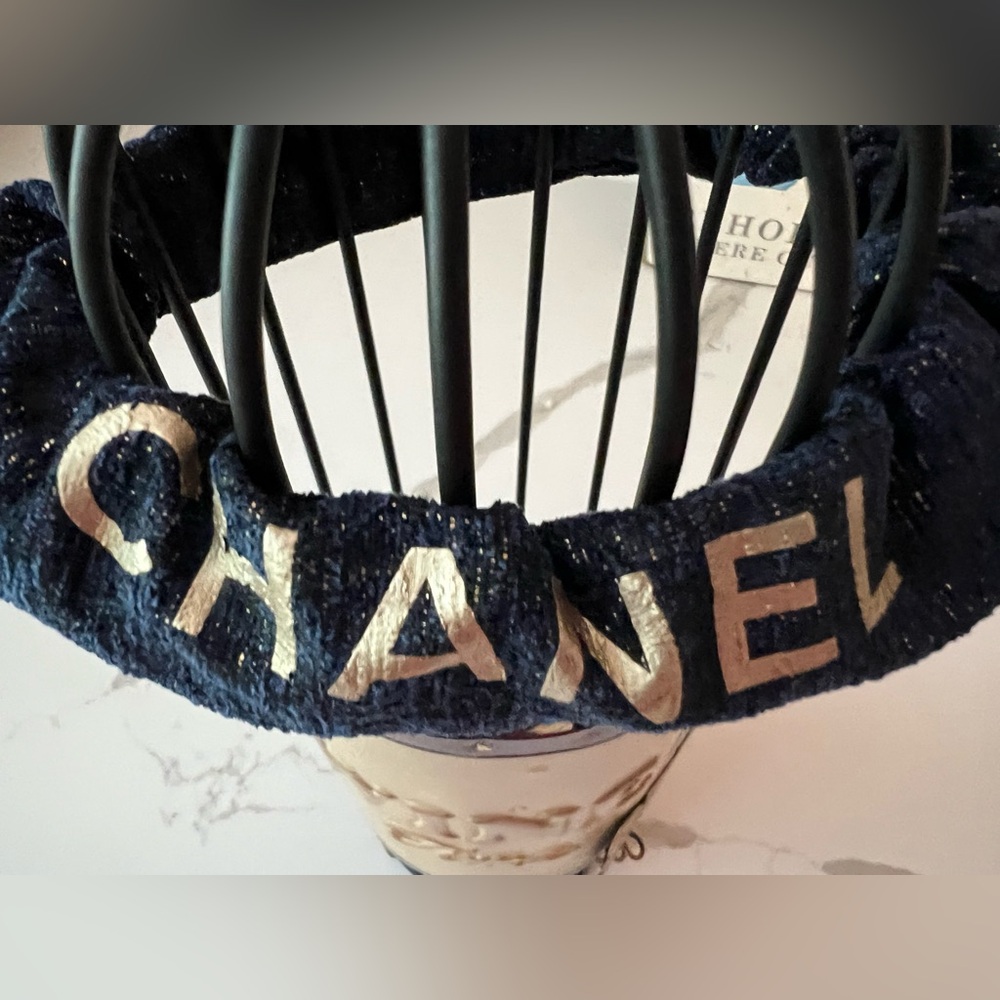 CHANEL Navy Headband with Gold Logo Letters